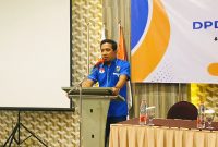 Ketua KNPI Pamekasan terpilih Haidar Ansori memberikan sambutan di Hotel Berlian Pamekasan. Rabu (19/02/2025).