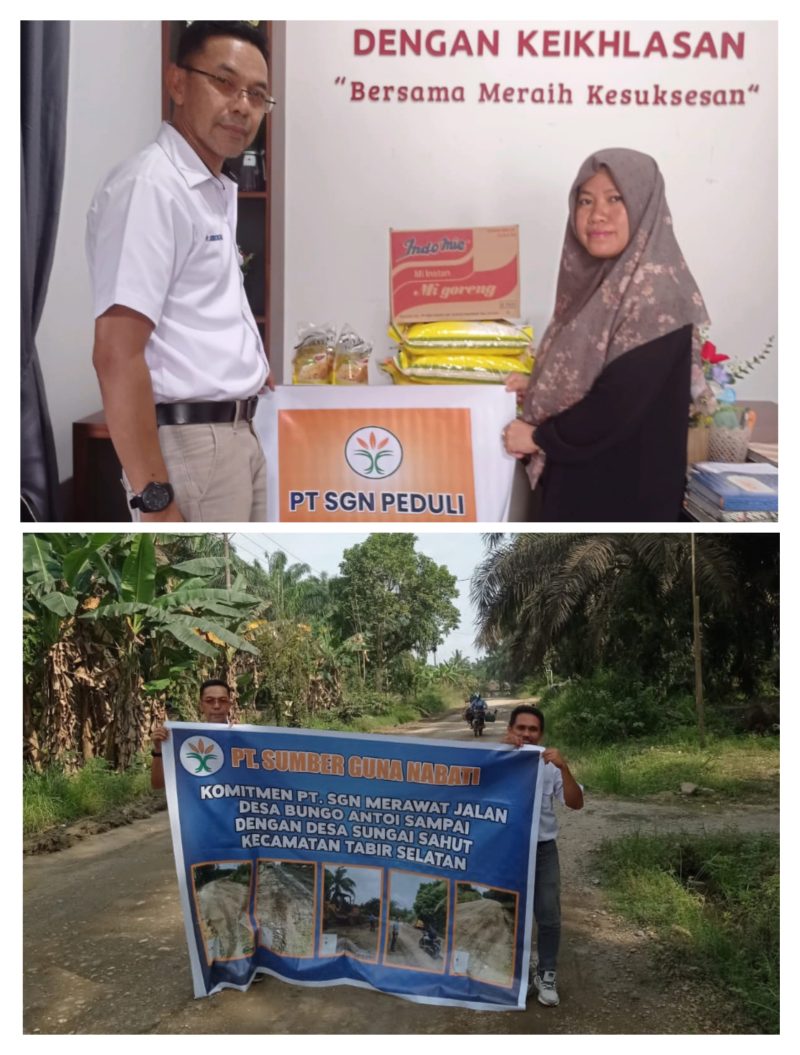 Pihak SGN Bagikan Sembako kepada Ketua PKK Bungo Antoi dan foto perbaikan jalan 