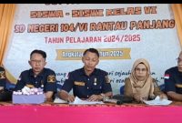 5 orang tim Advokat didampingi Kepsek SDN 104 saat Jumpa Pers sejumlah Wartawan di ruang aula sekolah 