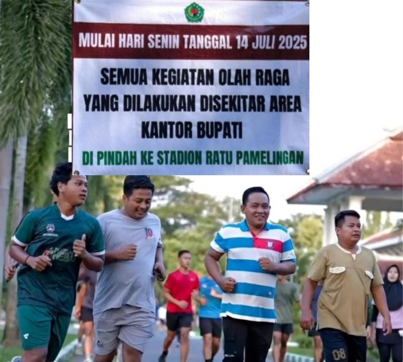 Ketua P3K, Basri (baju kuning) bersama masyarakat melakukan olahraga lari di Kantor Bupati Pamekasan.
