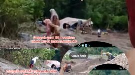 Tampak kegiatan anak sekolah dan guru melewati jalan ke SD terlihat juga alat excavator warna kuning sedang bekerja 