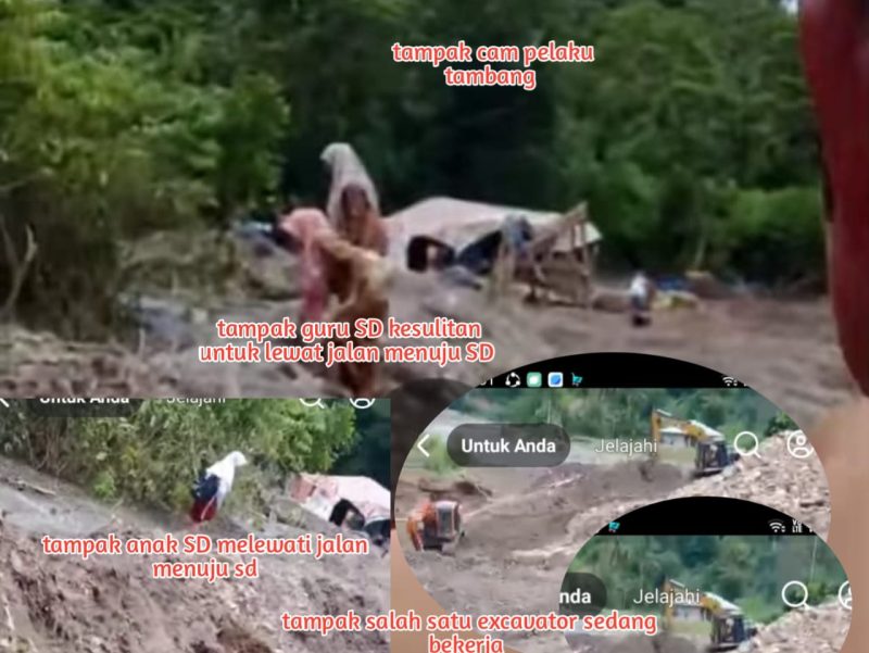 Tampak kegiatan anak sekolah dan guru melewati jalan ke SD terlihat juga alat excavator warna kuning sedang bekerja 