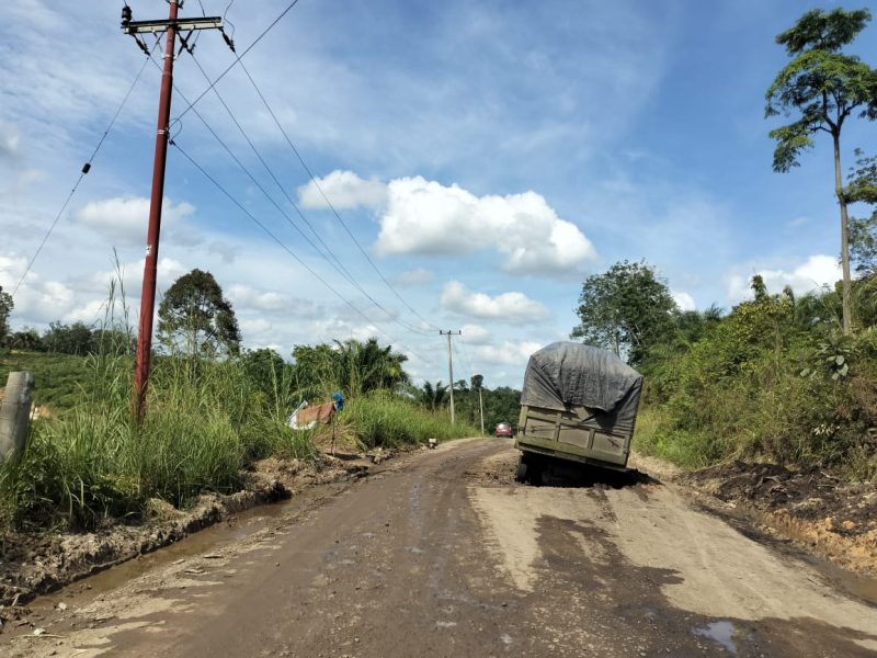 Tronton Angkutan Batu Bara Terperosok ke Dalam Lobang Diruas Jalan- Simpang Niam Lubuk Kambing, Pada Jum'at (3/10/2025). (Dok: jambiprima.com)