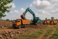 ilustrasi ekskavator sedang bekerja memindahkan hasil galian tambang ke dump truck