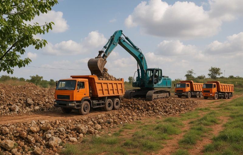 ilustrasi ekskavator sedang bekerja memindahkan hasil galian tambang ke dump truck