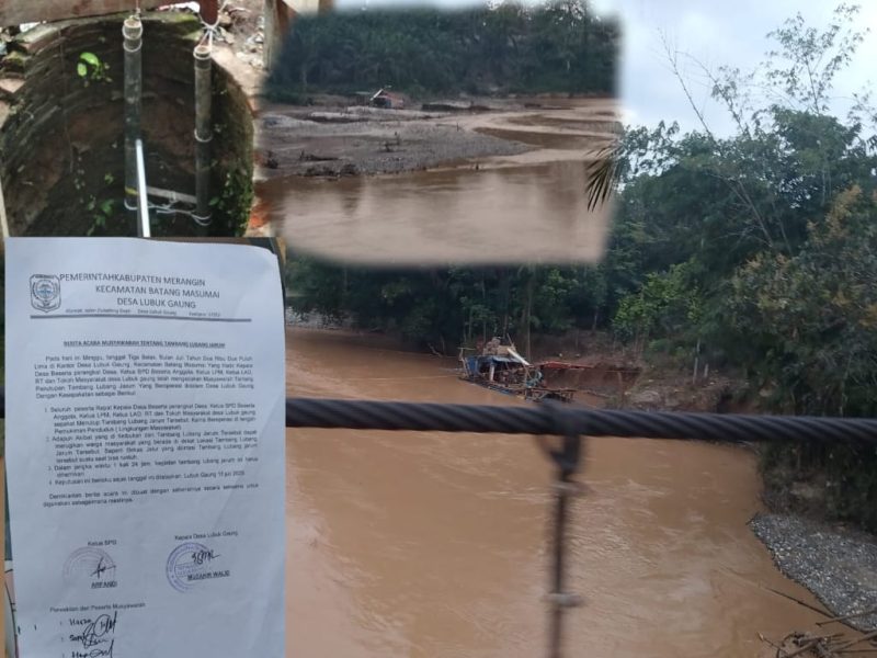 Poto kegiatan tambang emas ilegal jenis dompeng kapal dan lubang jarum surat kades hasil musyawarah 