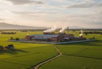 Ilustrasi pabrik rokok di tengah sawah dilindungi