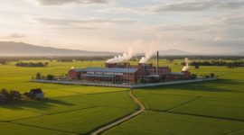 Ilustrasi pabrik rokok di tengah sawah dilindungi