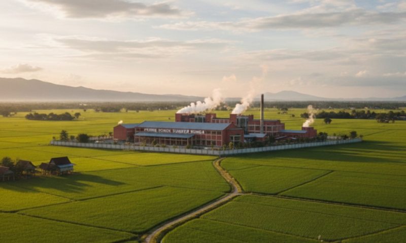Ilustrasi pabrik rokok di tengah sawah dilindungi